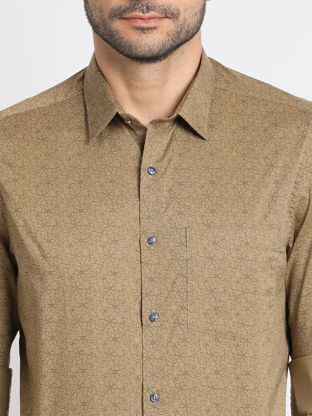 100% Cotton Khaki Printed Slim Fit Full Sleeve Ceremonial Shirt