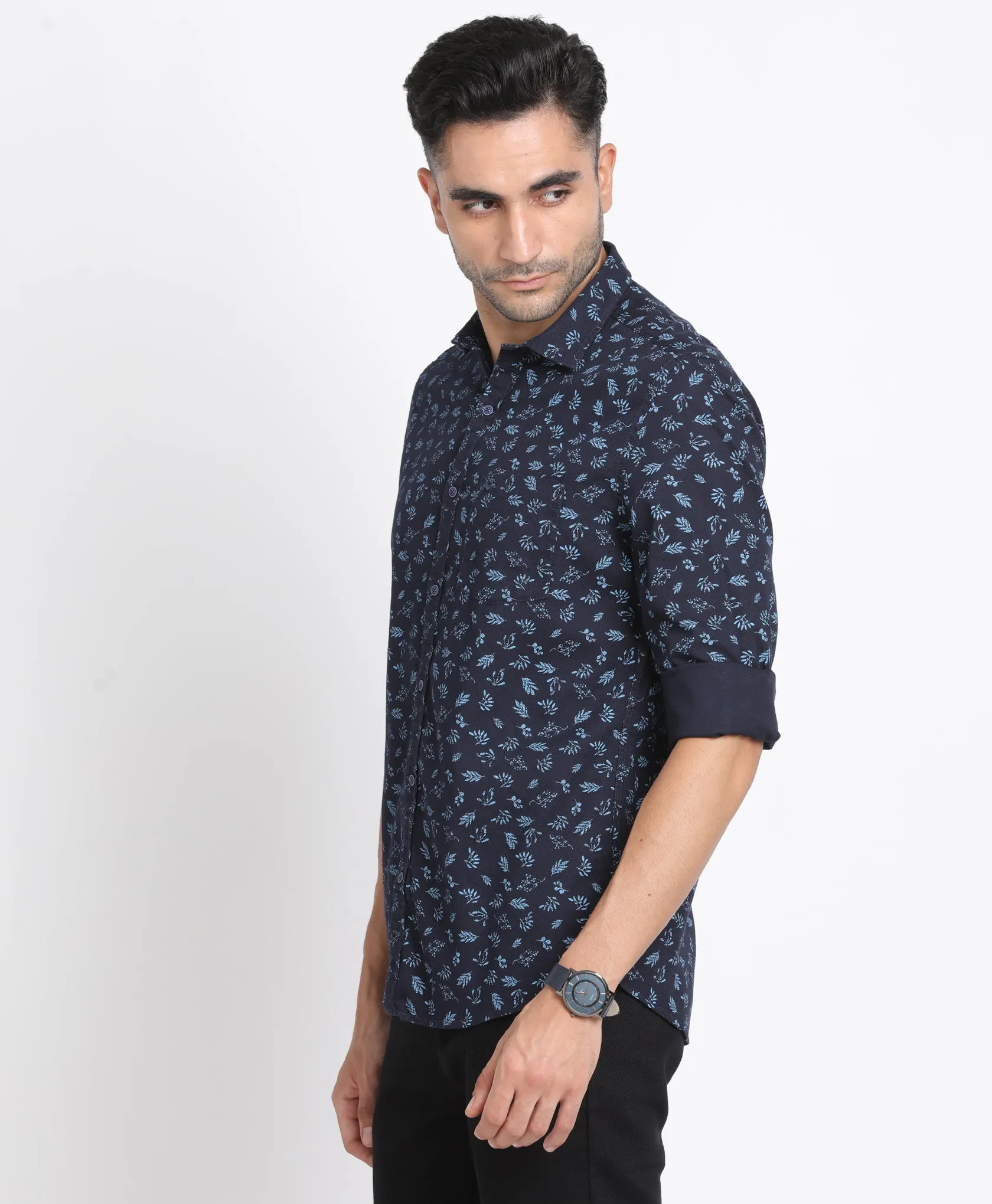 100% Cotton Navy Blue Printed Slim Fit Full Sleeve Casual Shirt