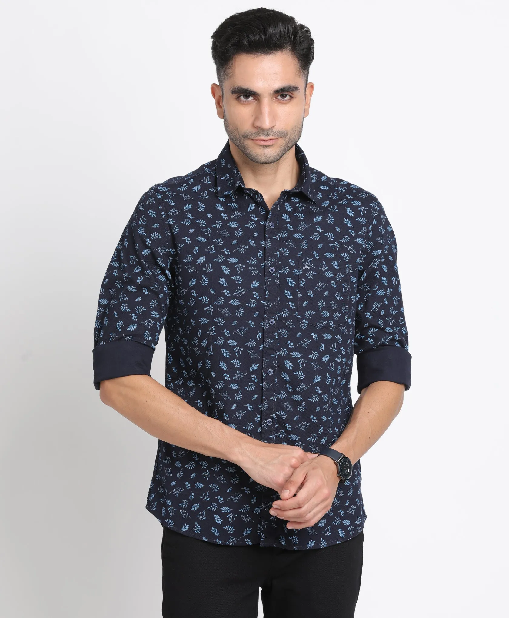 100% Cotton Navy Blue Printed Slim Fit Full Sleeve Casual Shirt