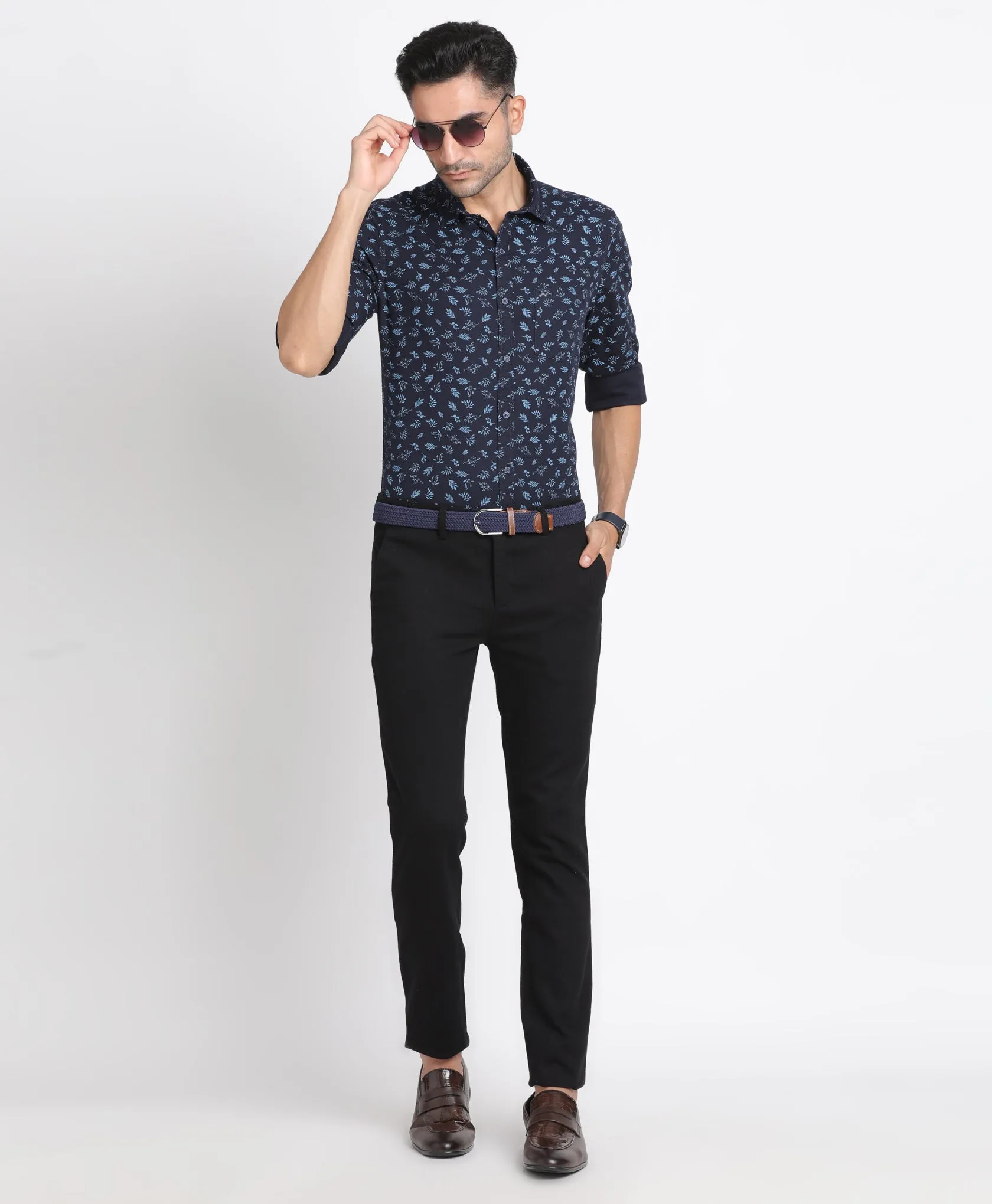 100% Cotton Navy Blue Printed Slim Fit Full Sleeve Casual Shirt