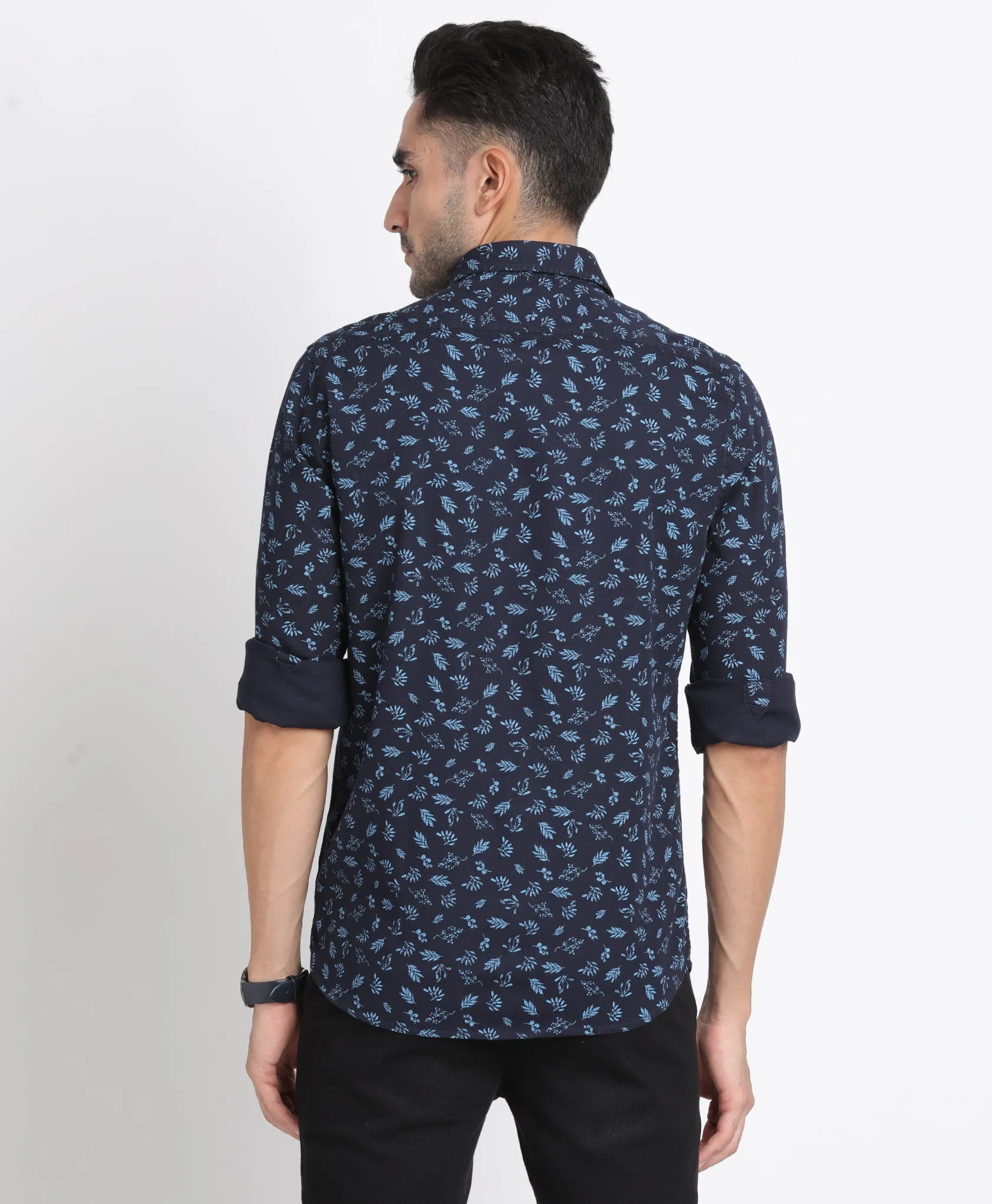 100% Cotton Navy Blue Printed Slim Fit Full Sleeve Casual Shirt