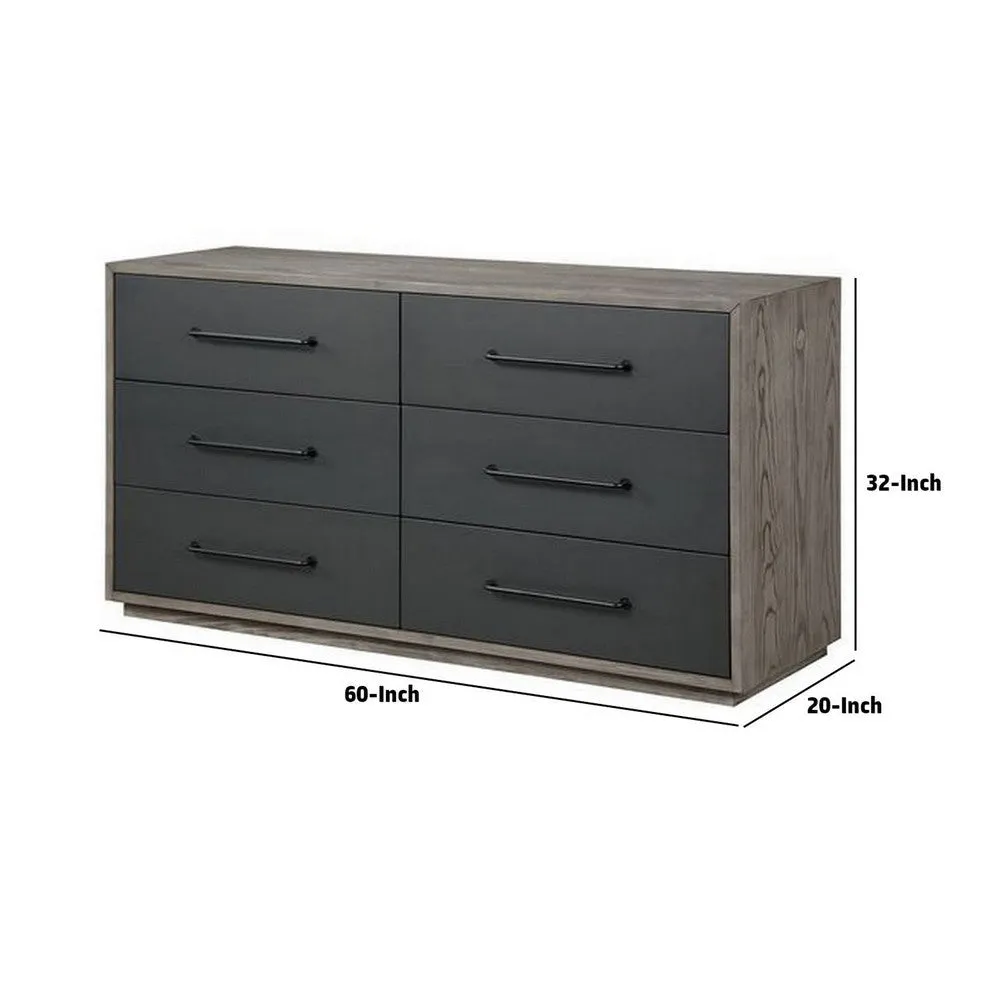 60 Inch Minimalistic 6 Drawer Wood Dresser, Subtle Grain Details, Gray By Casagear Home