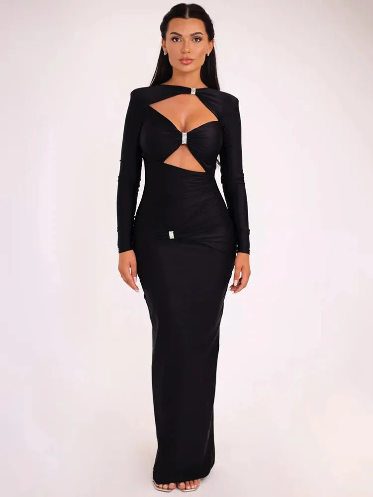 A&A Elegant Hollow Cut Out Long Sleeve Maxi Dress