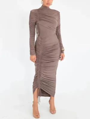 A&A Long Sleeve Ruched Drawstring Turtleneck Bodycon Dress