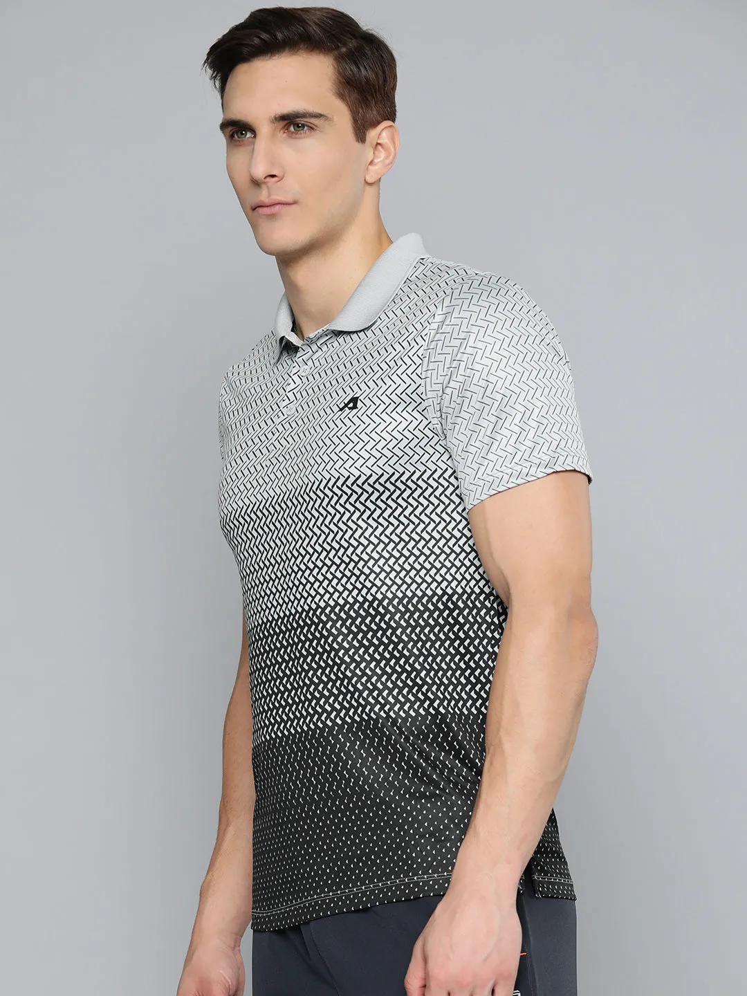 Alcis Men Grey Black Printed Polo Collar Slim Fit Running T-shirt