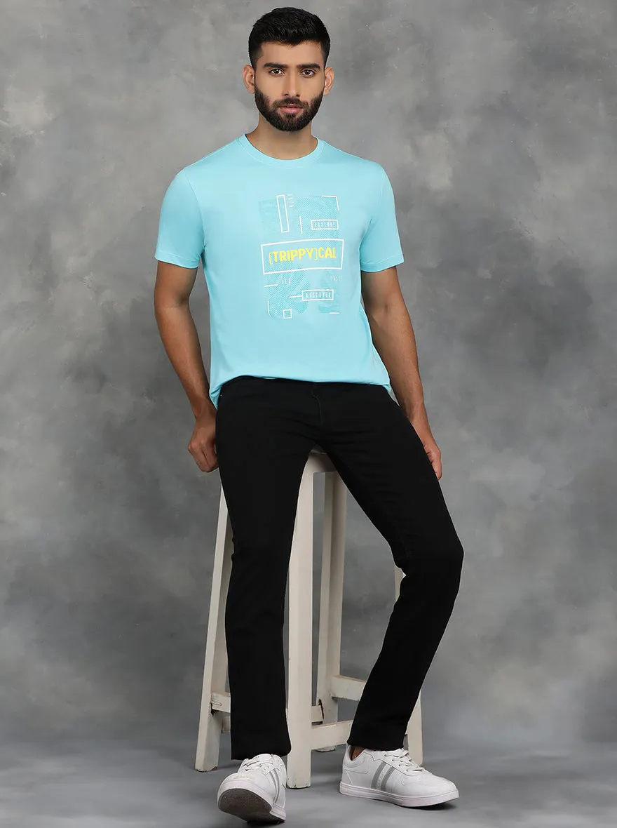 Aqua Blue Printed Slim Fit T-Shirt | GreenFibre