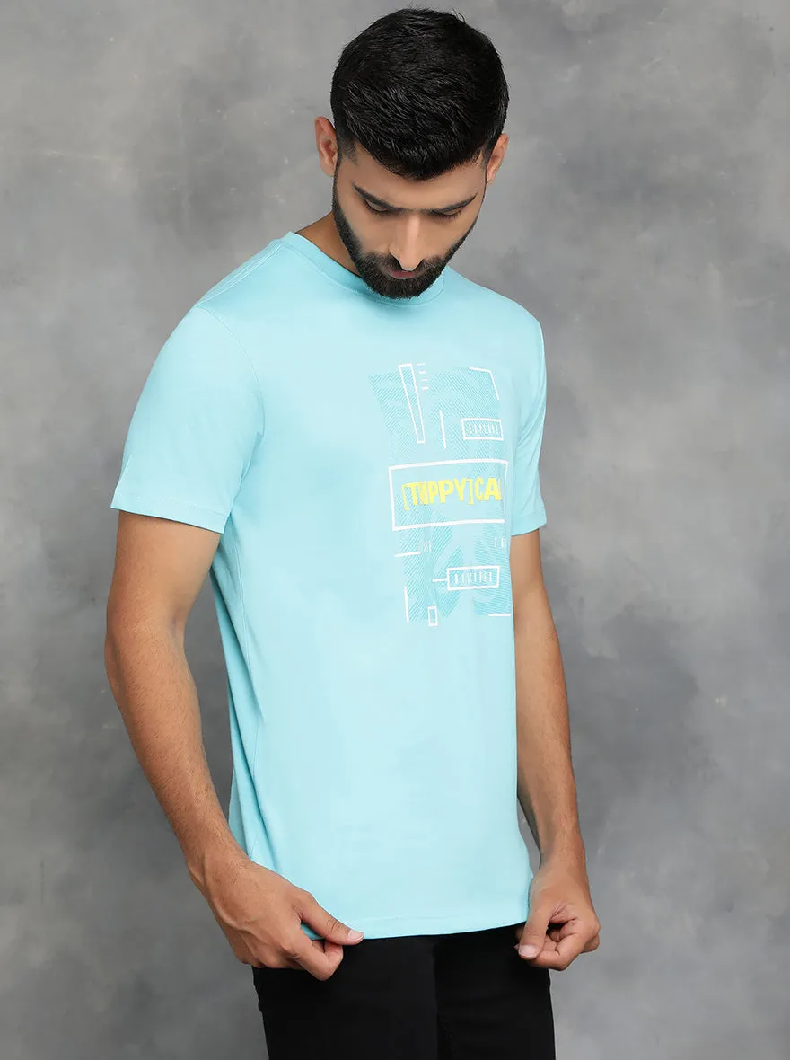 Aqua Blue Printed Slim Fit T-Shirt | GreenFibre