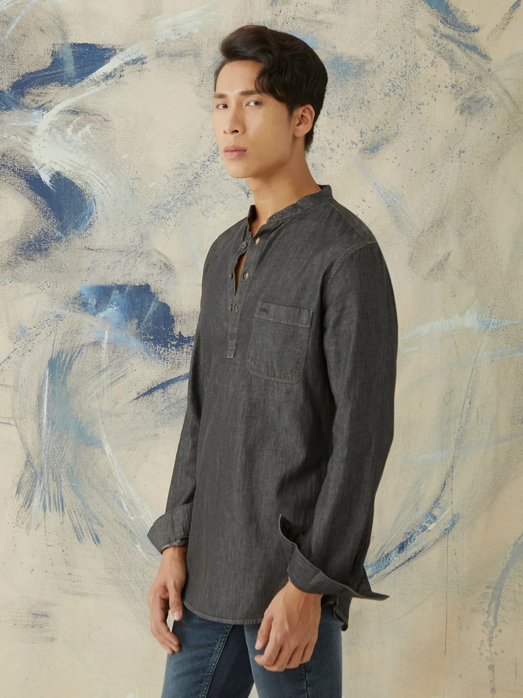 Black Plain Denim short kurta