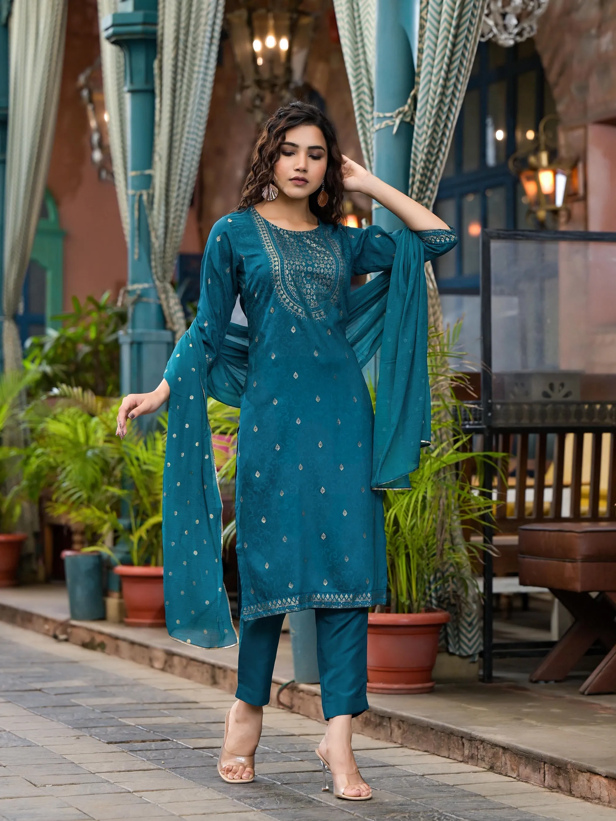 Blue Ethnic Motif Printed Muslin Kurta Set With Zari Work & Gota Patti