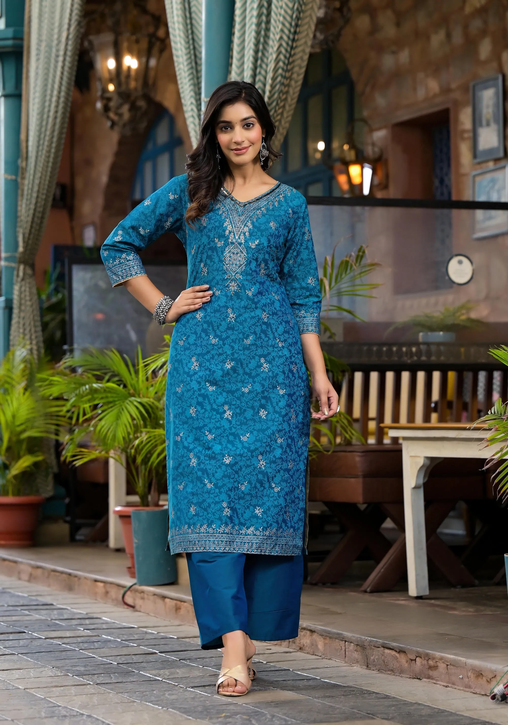 Blue Poly Staple Ethnic Motif Printed Kurta Pant And Dupatta Set With Sequins Mirror & Zari Work