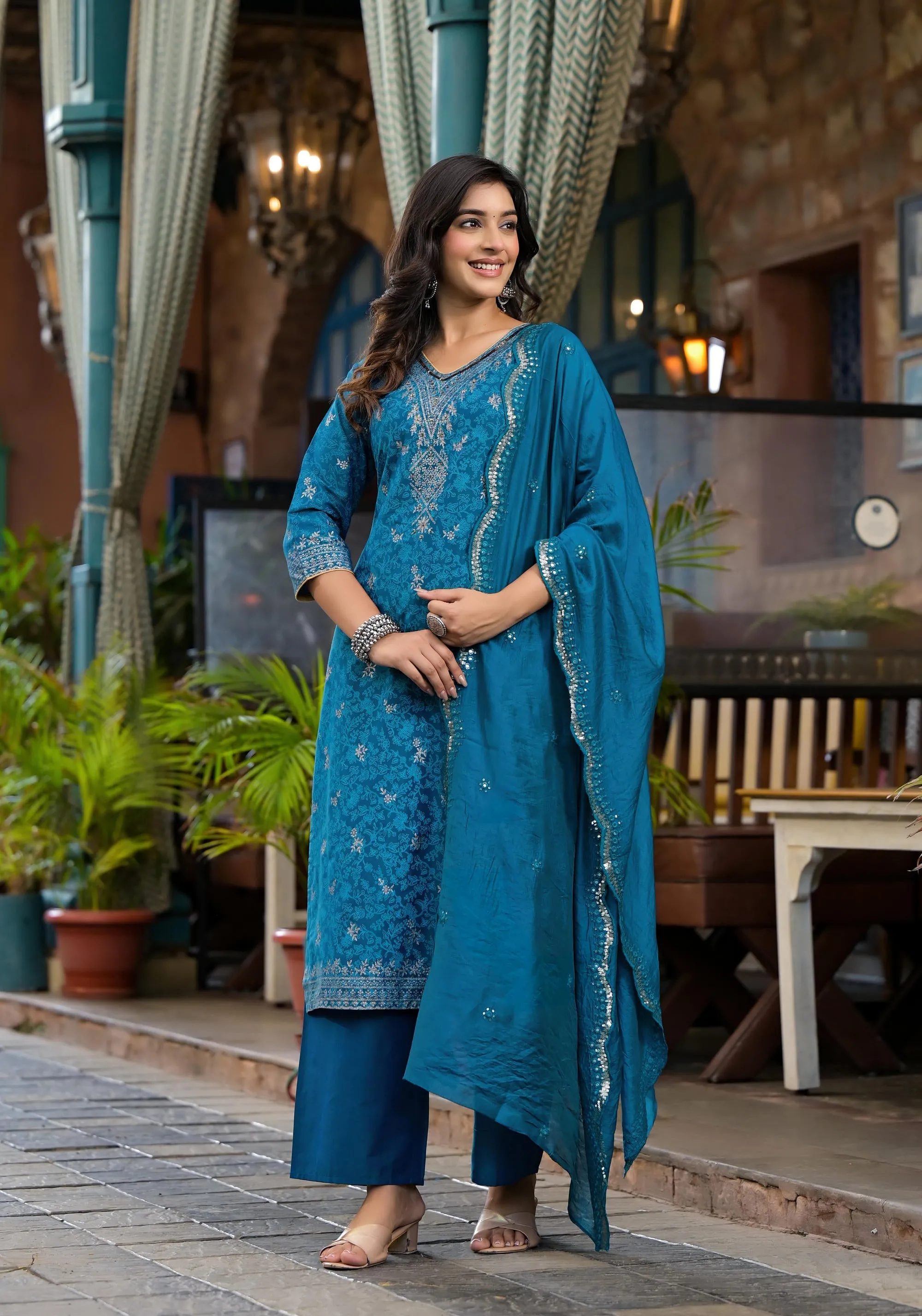 Blue Poly Staple Ethnic Motif Printed Kurta Pant And Dupatta Set With Sequins Mirror & Zari Work