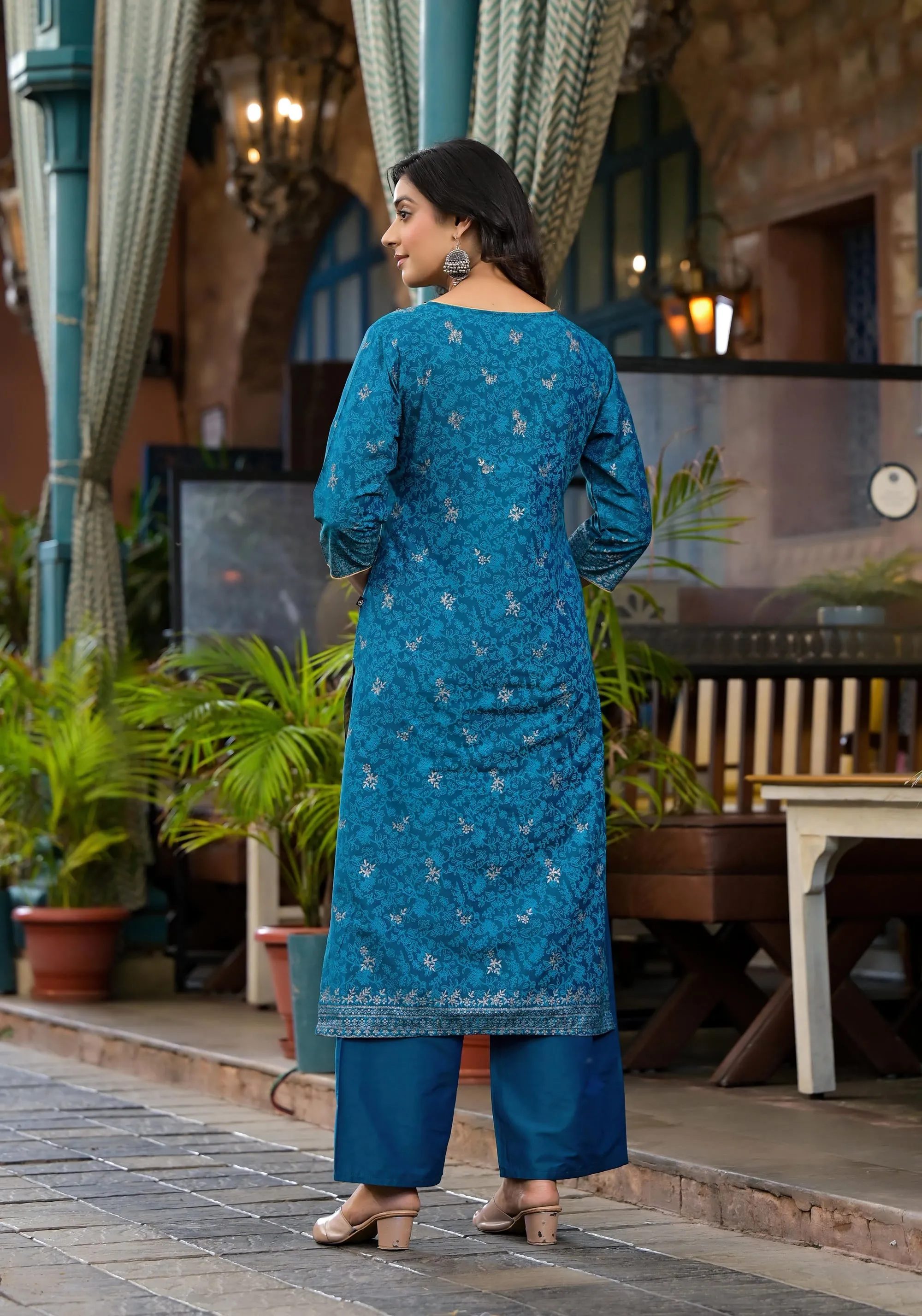 Blue Poly Staple Ethnic Motif Printed Kurta Pant And Dupatta Set With Sequins Mirror & Zari Work