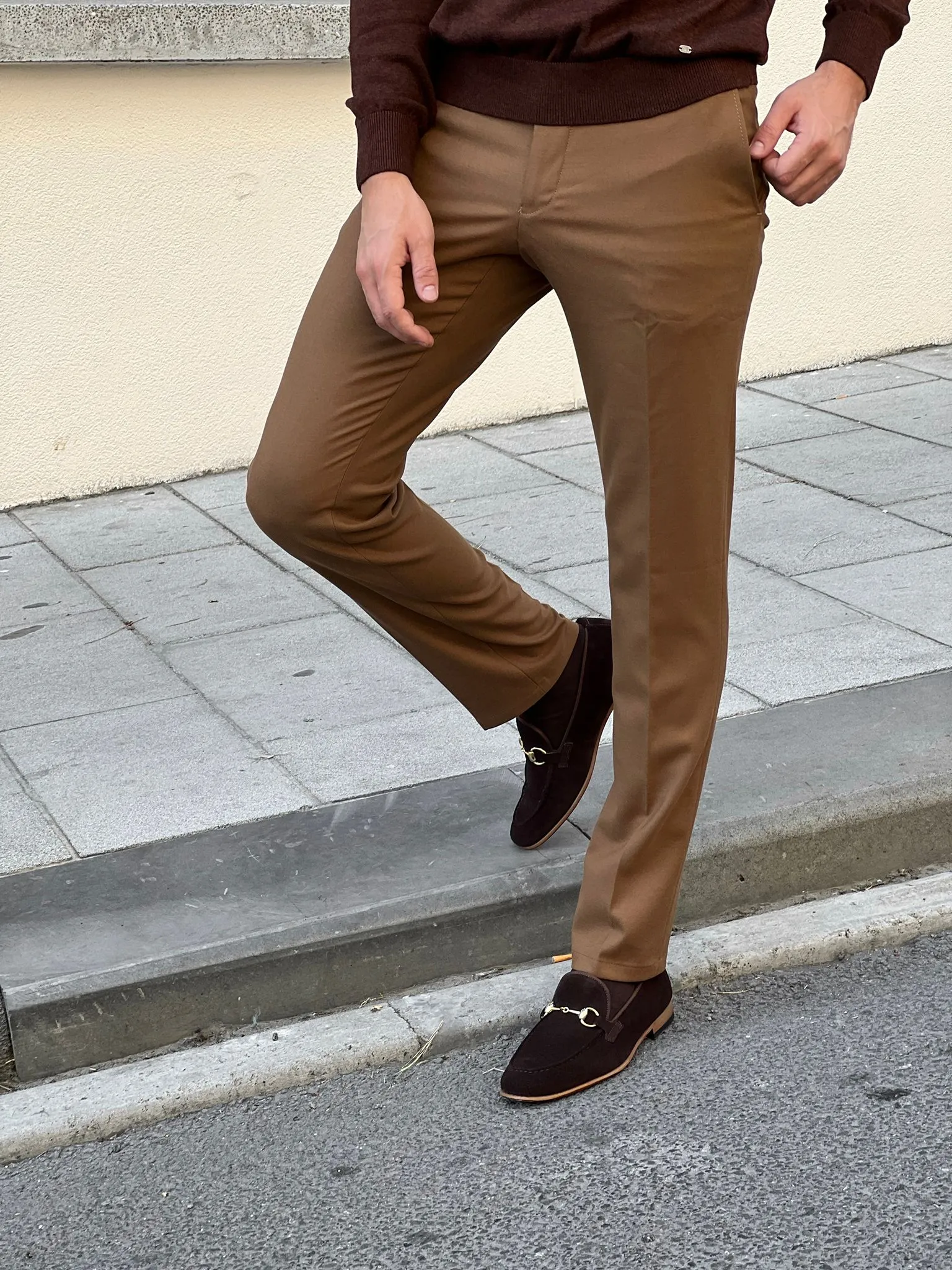 Bojoni Astoria Slim Fit High Quality  Patterned Camel Pants