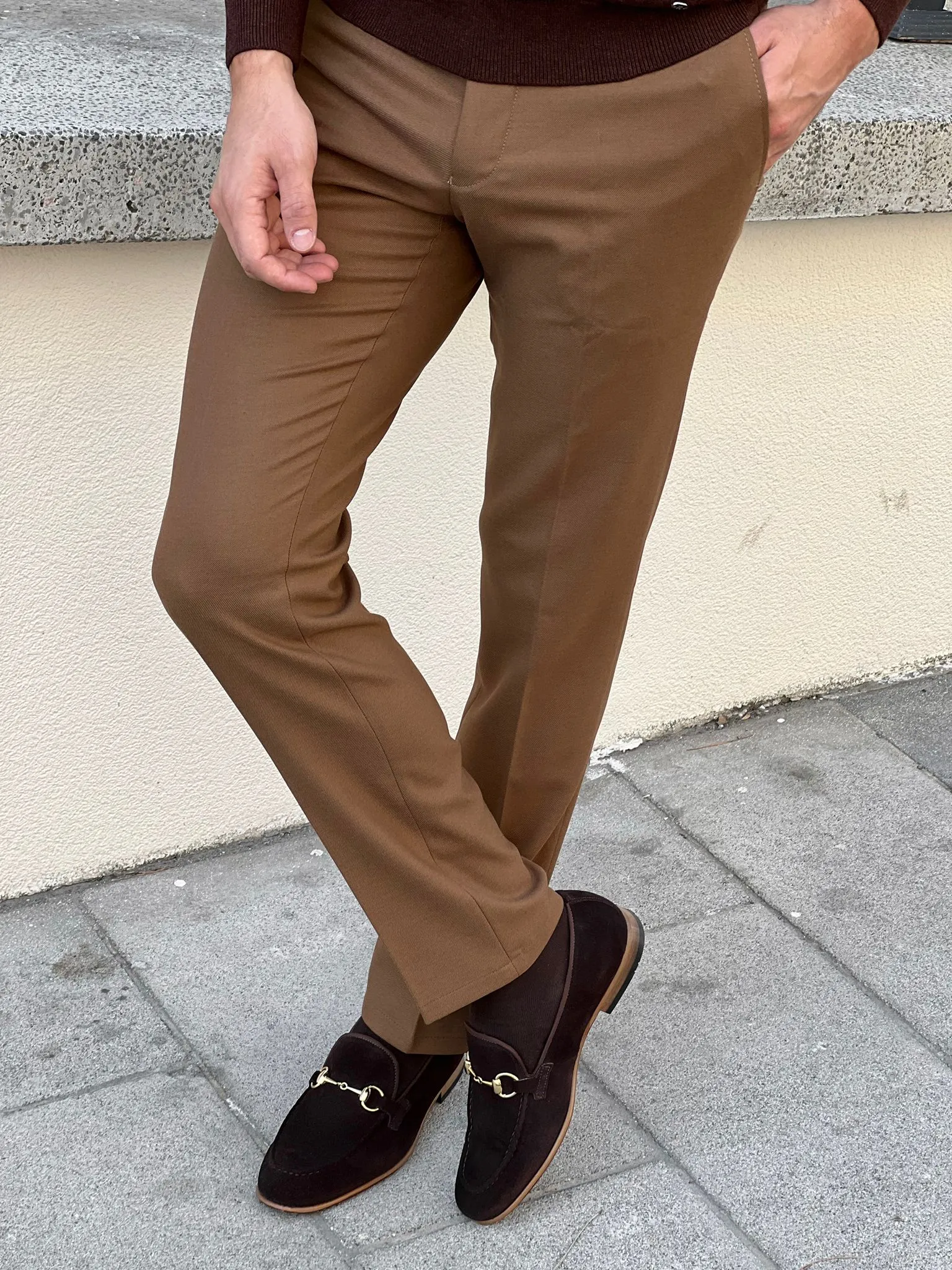 Bojoni Astoria Slim Fit High Quality  Patterned Camel Pants