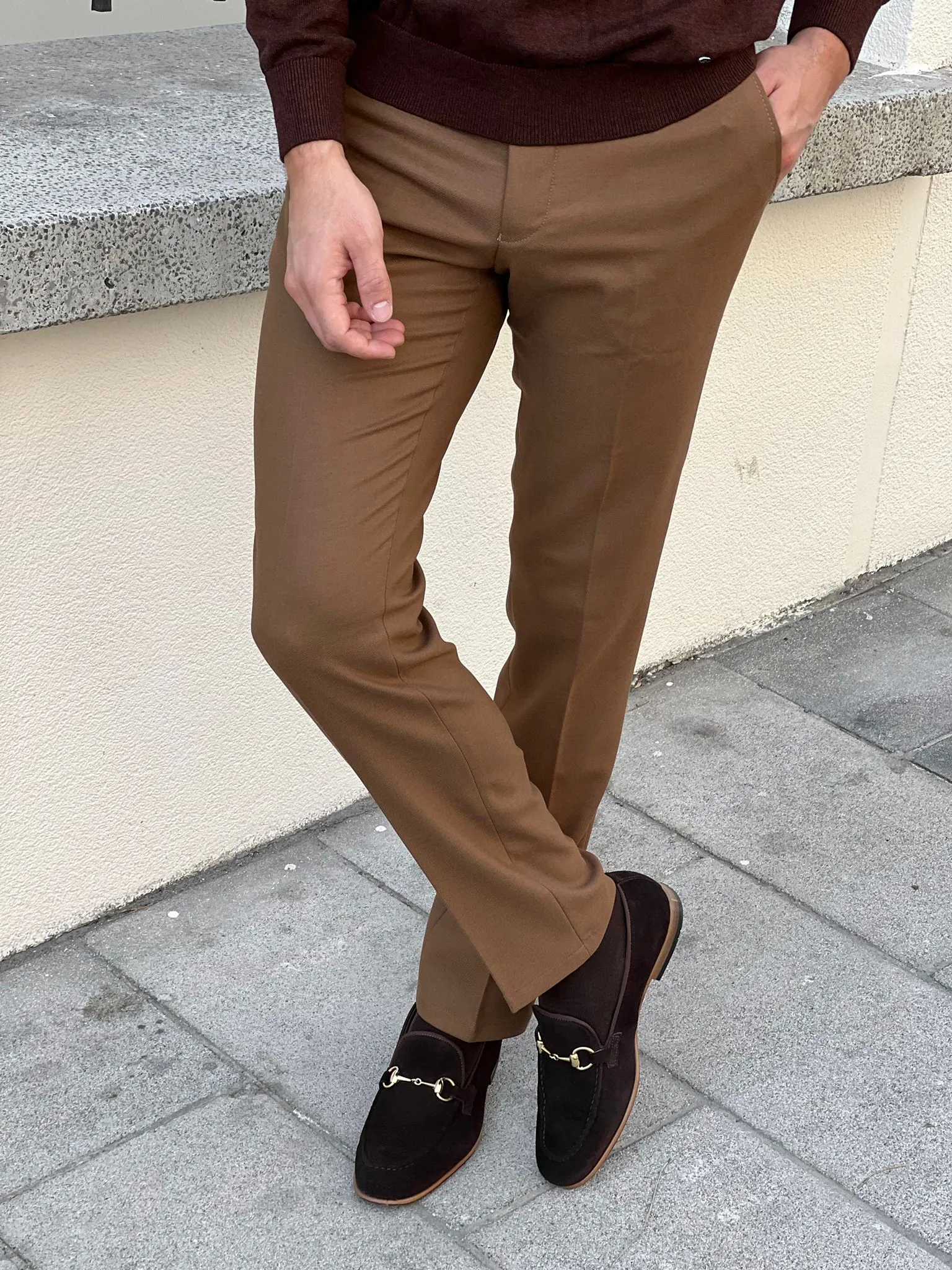 Bojoni Astoria Slim Fit High Quality  Patterned Camel Pants