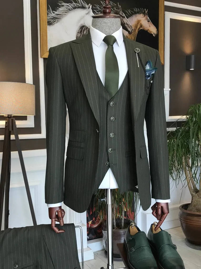 Bojoni Dark Green Striped Slim-Fit Suit 3-Piece