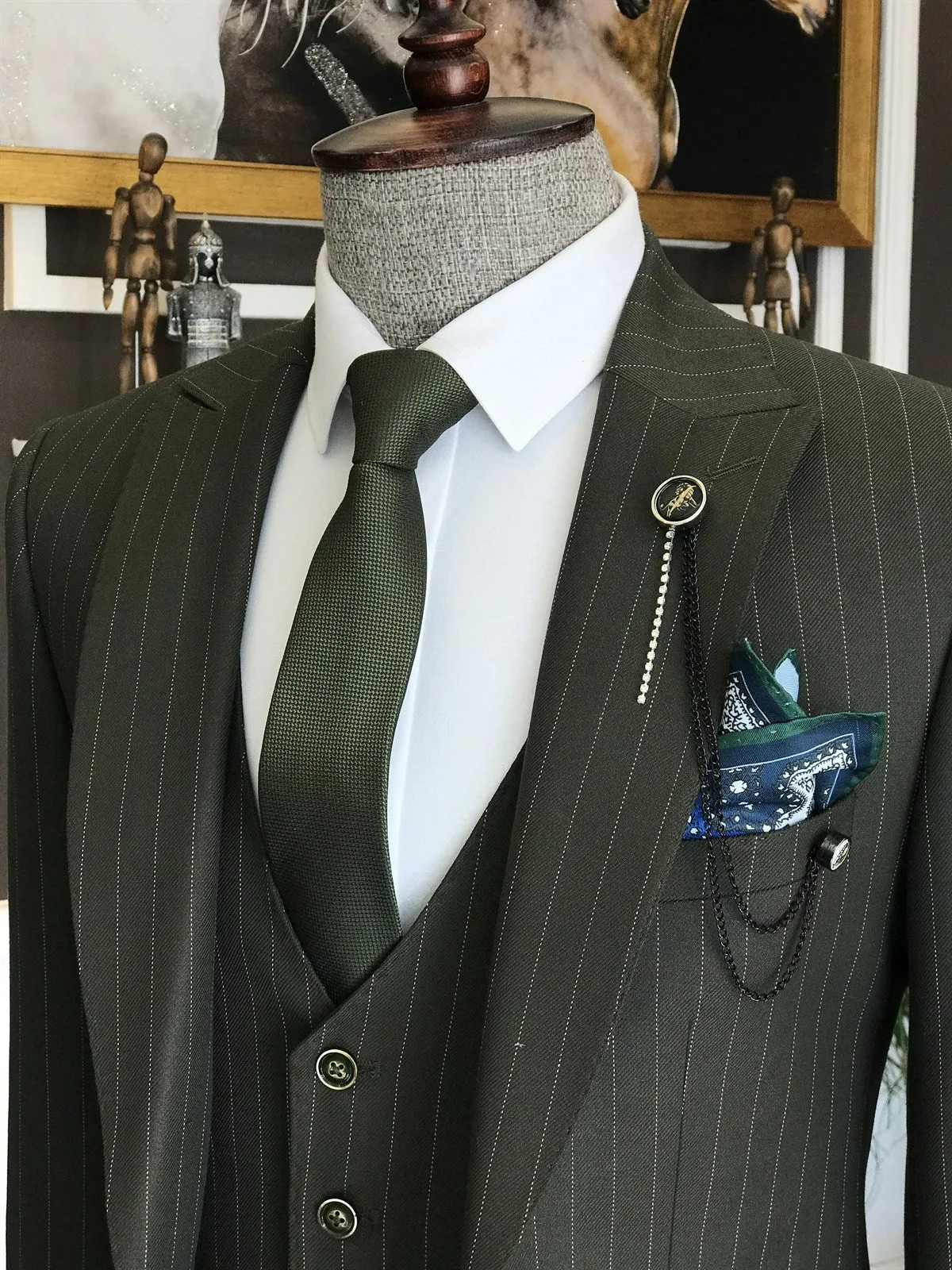 Bojoni Dark Green Striped Slim-Fit Suit 3-Piece