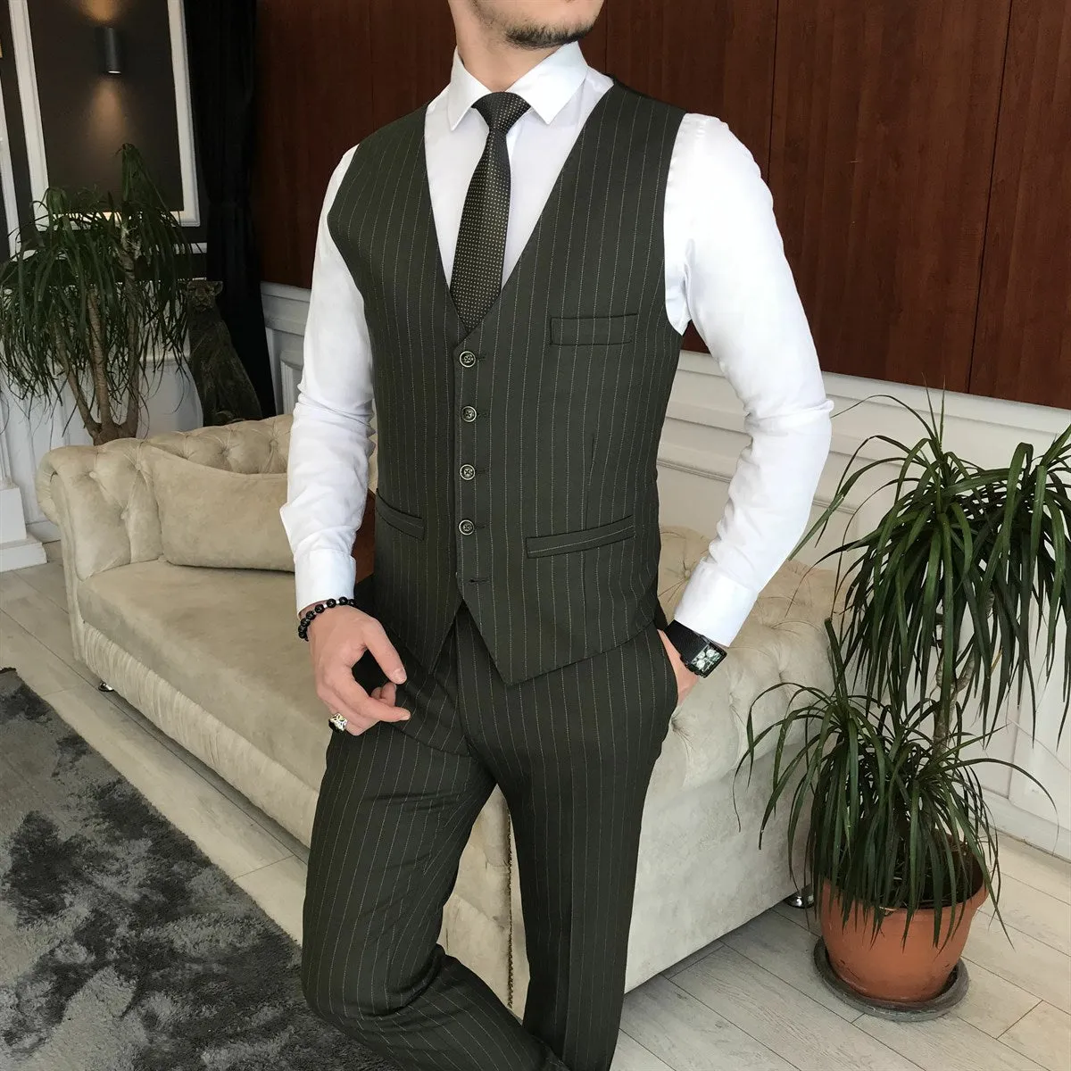 Bojoni Dark Green Striped Slim-Fit Suit 3-Piece