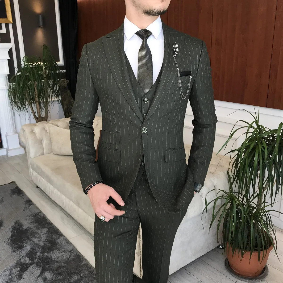 Bojoni Dark Green Striped Slim-Fit Suit 3-Piece