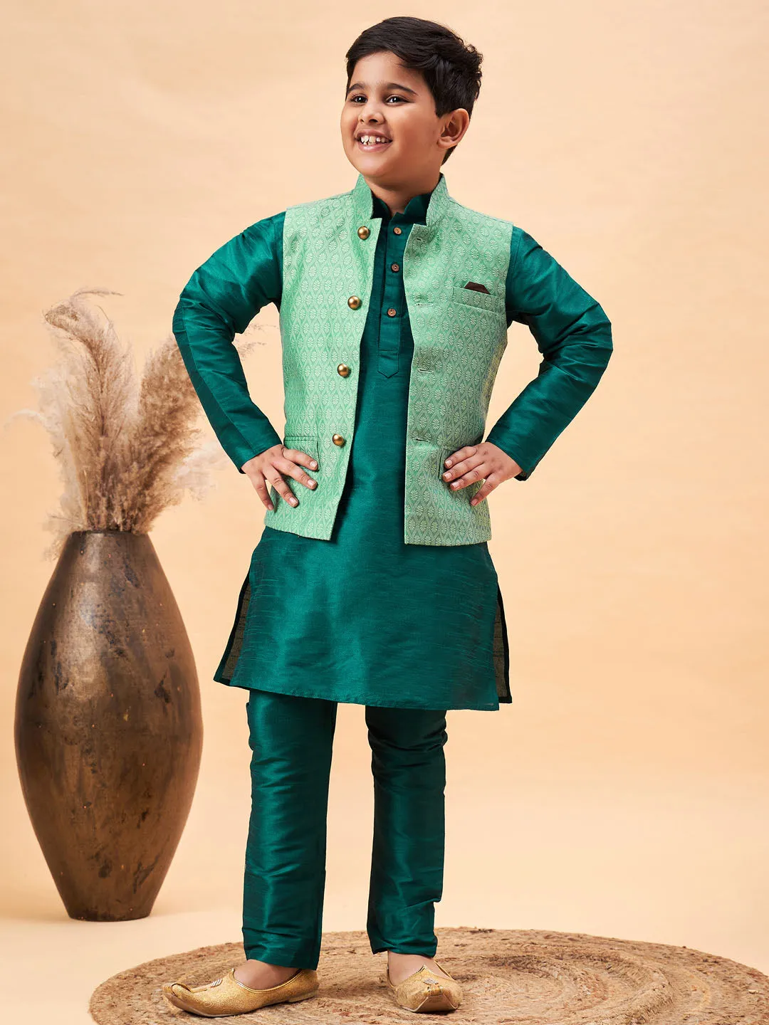 Boy's Green Jacket, Kurta And Pyjama Set - Vastramay Boys