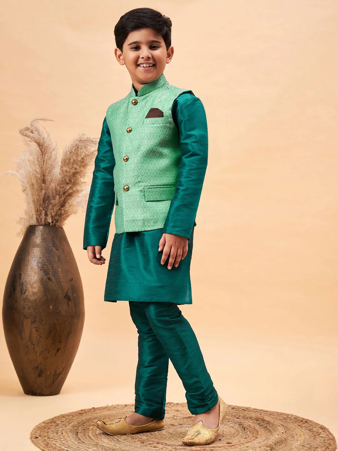 Boy's Green Jacket, Kurta And Pyjama Set - Vastramay Boys