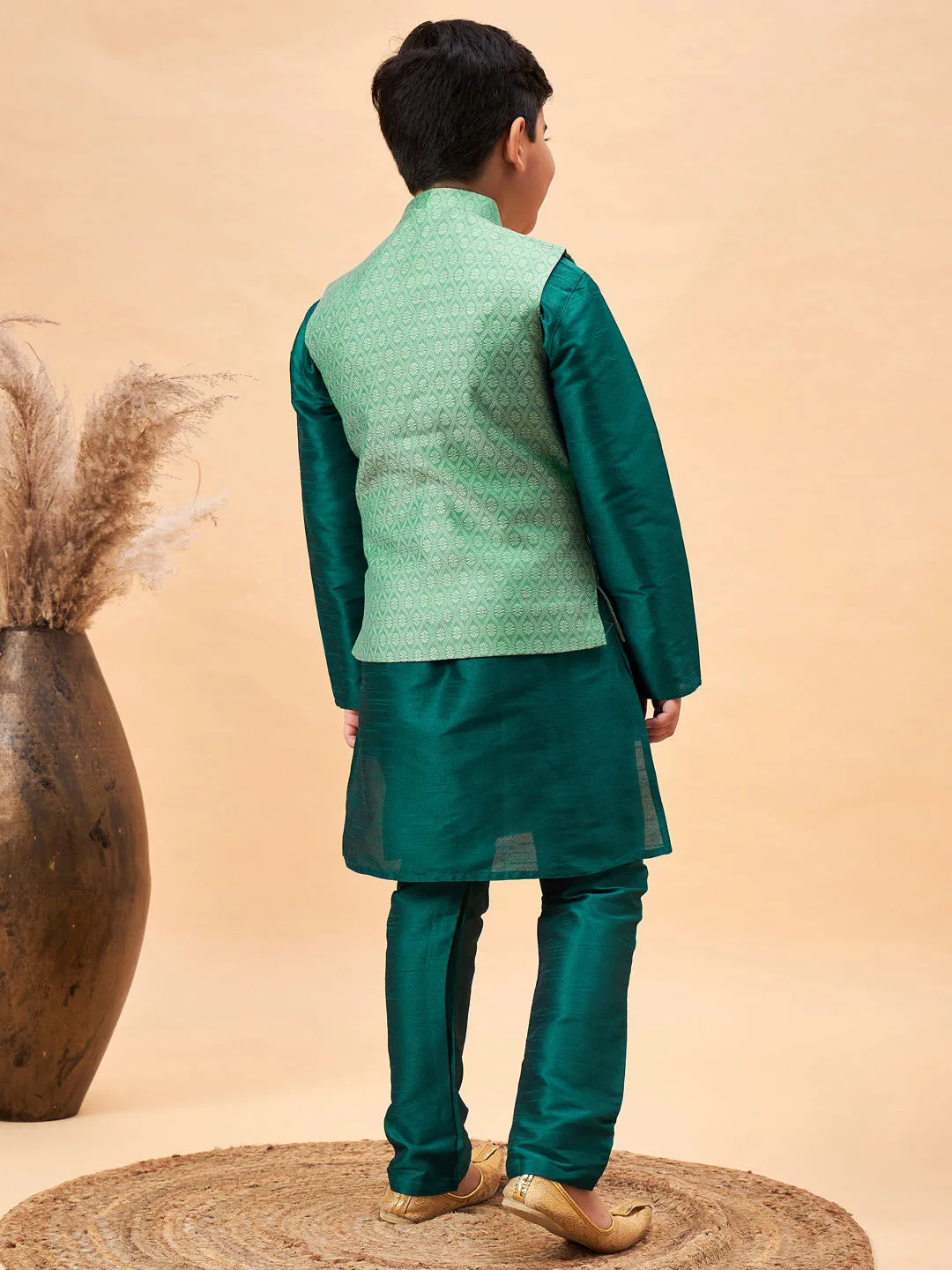 Boy's Green Jacket, Kurta And Pyjama Set - Vastramay Boys