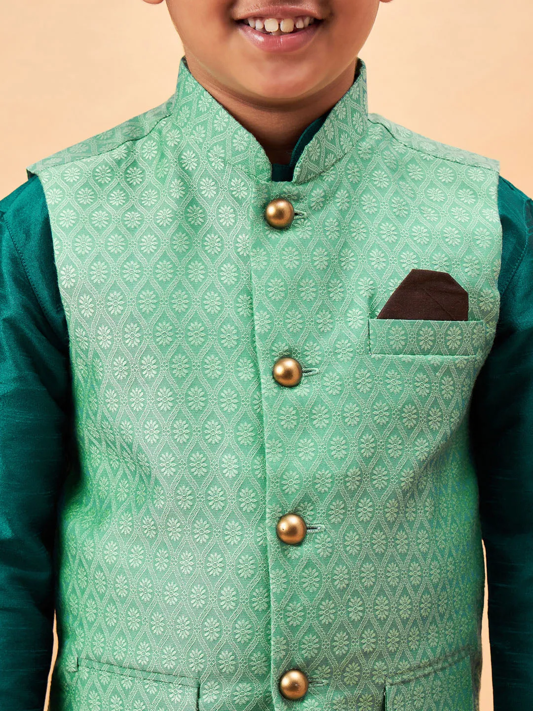 Boy's Green Jacket, Kurta And Pyjama Set - Vastramay Boys