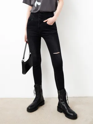 Button Cut-out Skinny Jeans