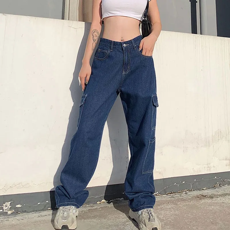 Casual Loose Wide Leg Jeans Women's Summer New Korean Pants Pocket High Waist Slim Straight Pants