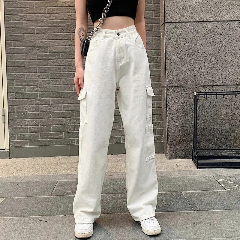 Casual Loose Wide Leg Jeans Women's Summer New Korean Pants Pocket High Waist Slim Straight Pants