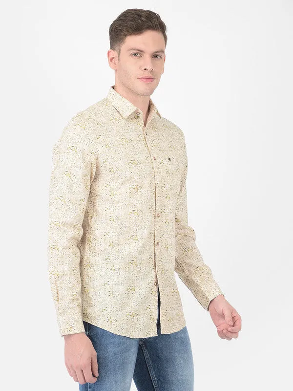 Cotton Beige Slim Fit Printed Shirt