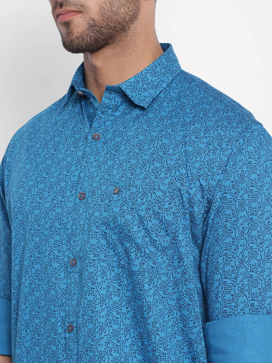 Cotton Blue Printed Slim Fit Casual Shirt