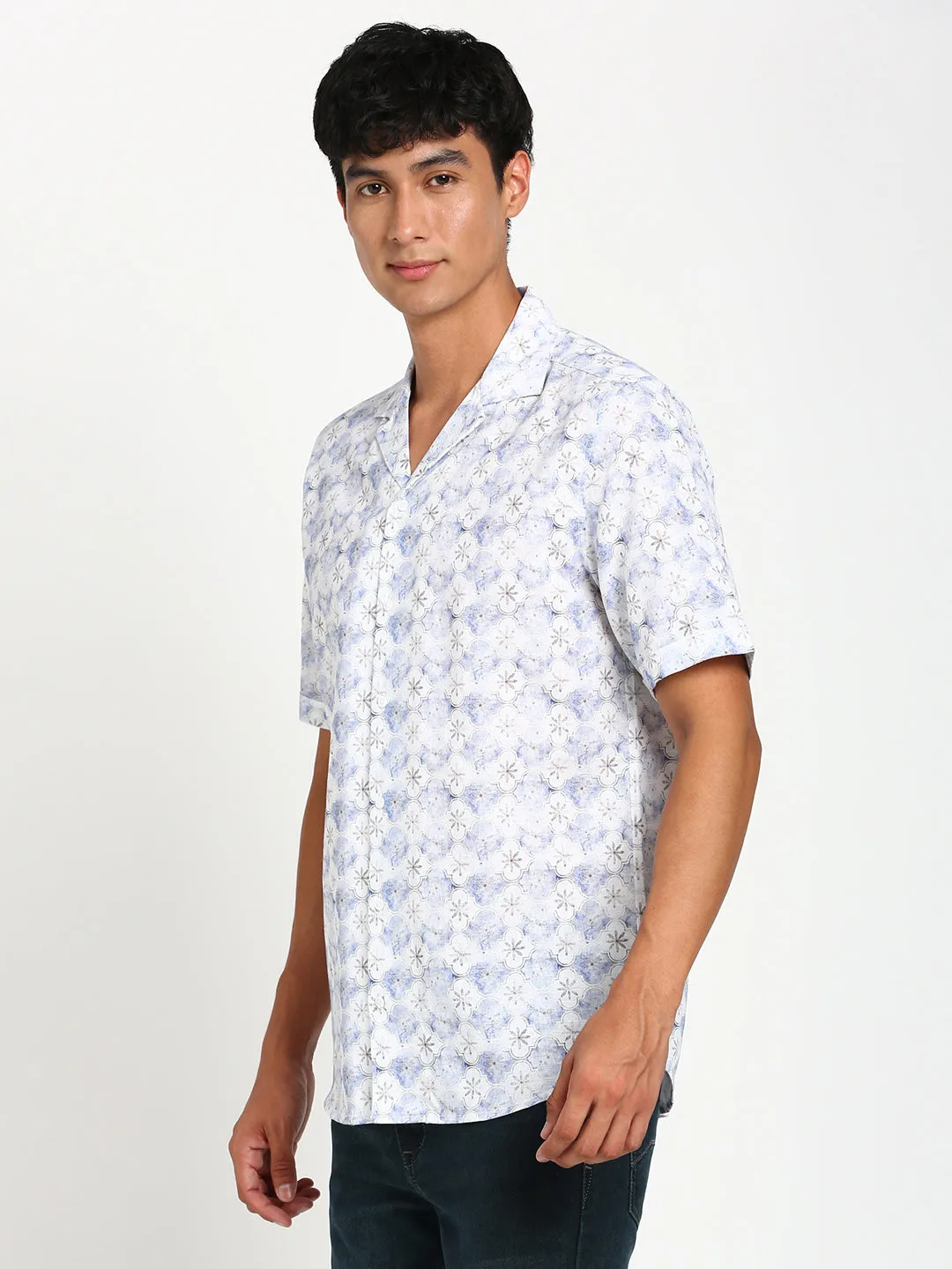 Cotton Blue Printed Slim Fit Half Sleeve Casual Shirt