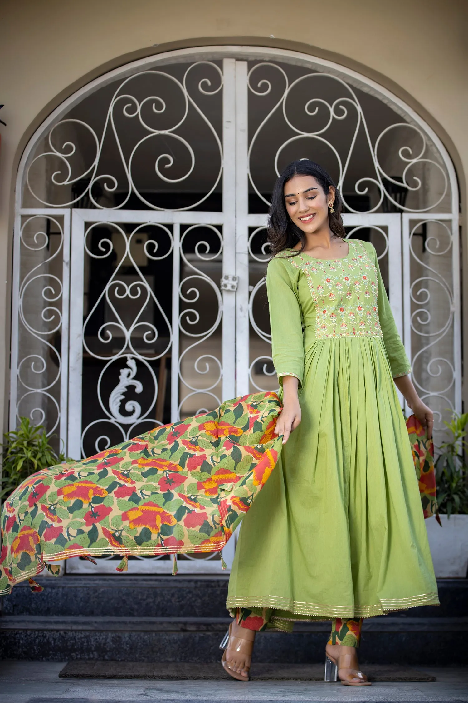 Cotton Green Floral Print Embroidered Anarkali Suit Set with Dupatta