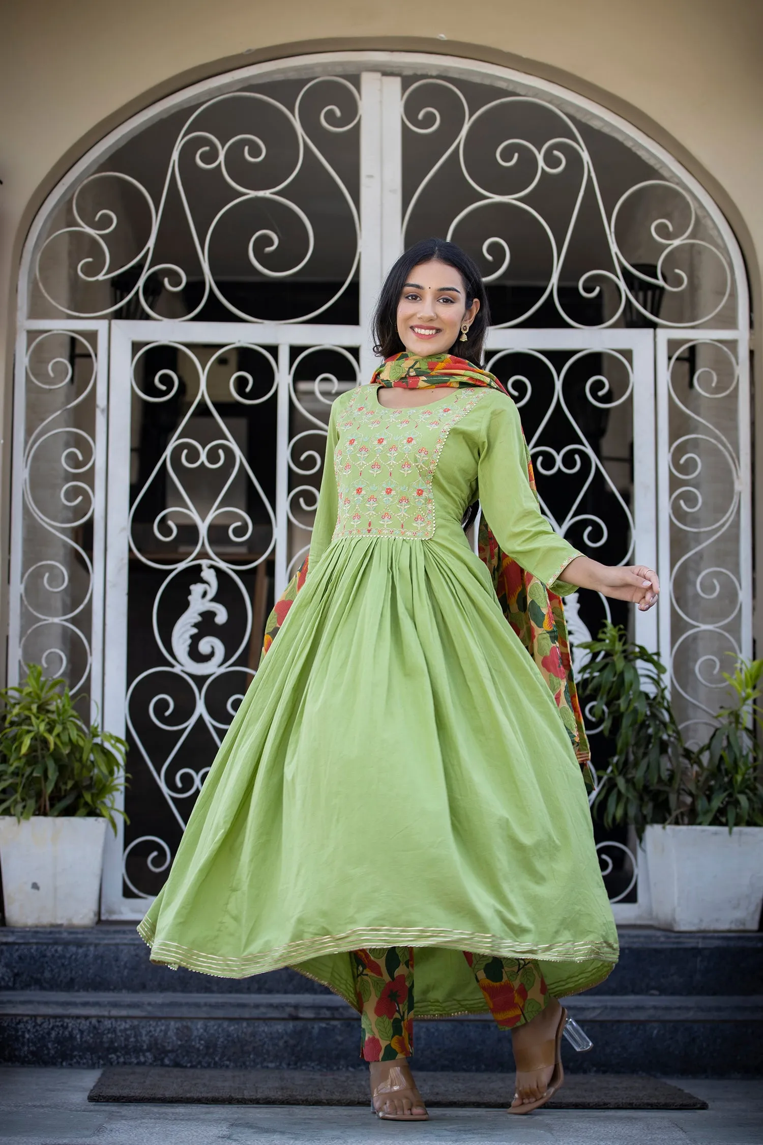 Cotton Green Floral Print Embroidered Anarkali Suit Set with Dupatta