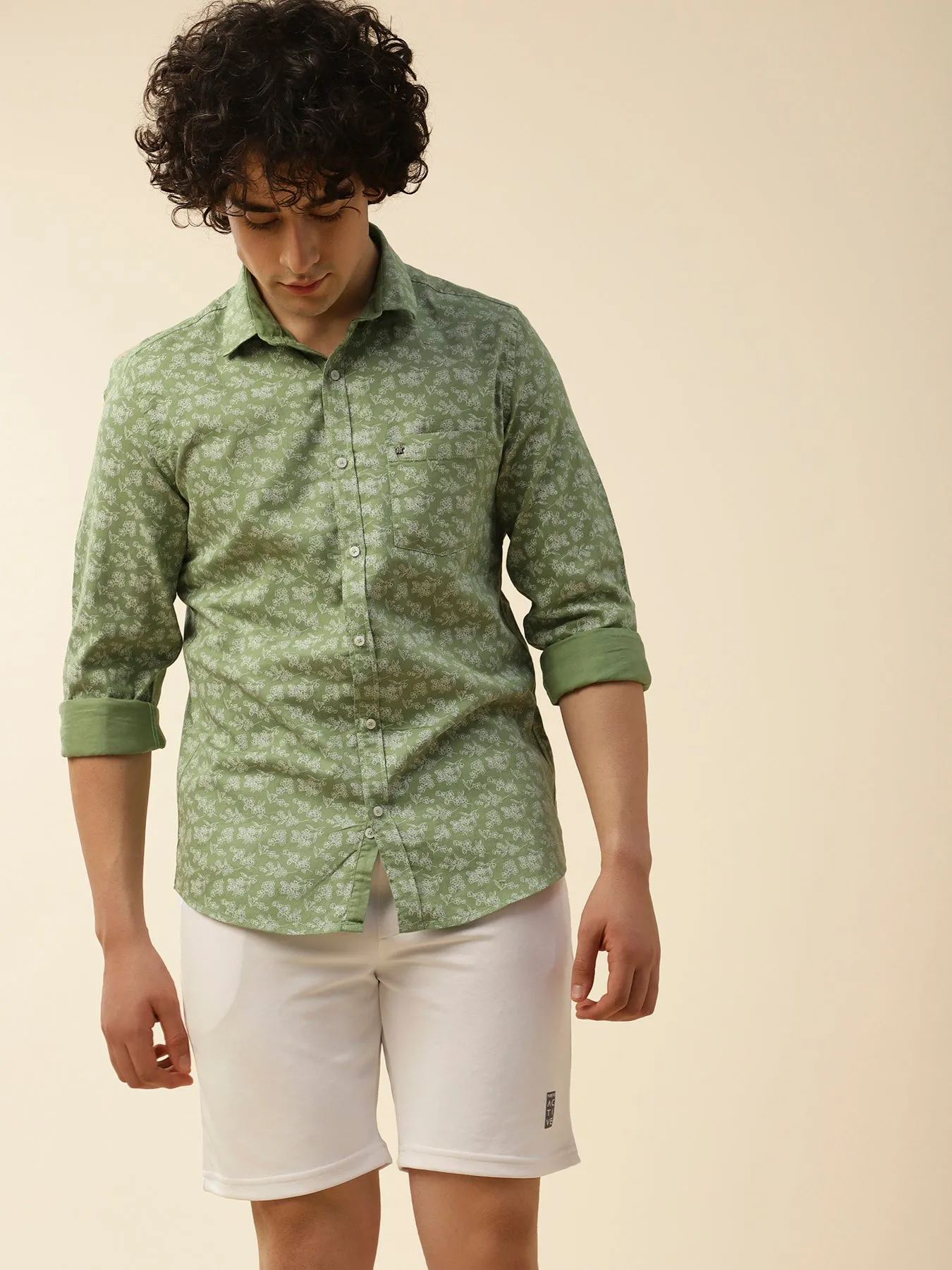 Cotton Green Floral Printed Full Sleeve Casual Shirt