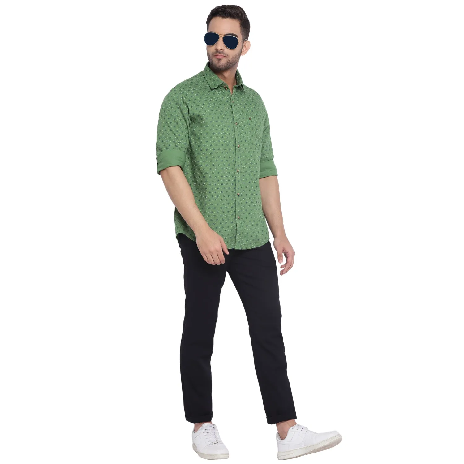 Cotton Green Printed Slim Fit Casual Shirt