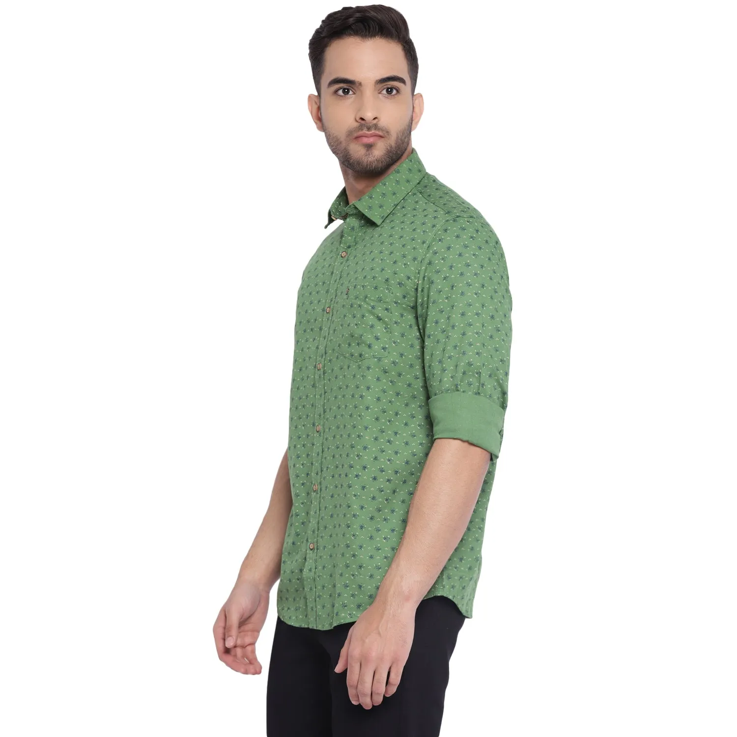 Cotton Green Printed Slim Fit Casual Shirt