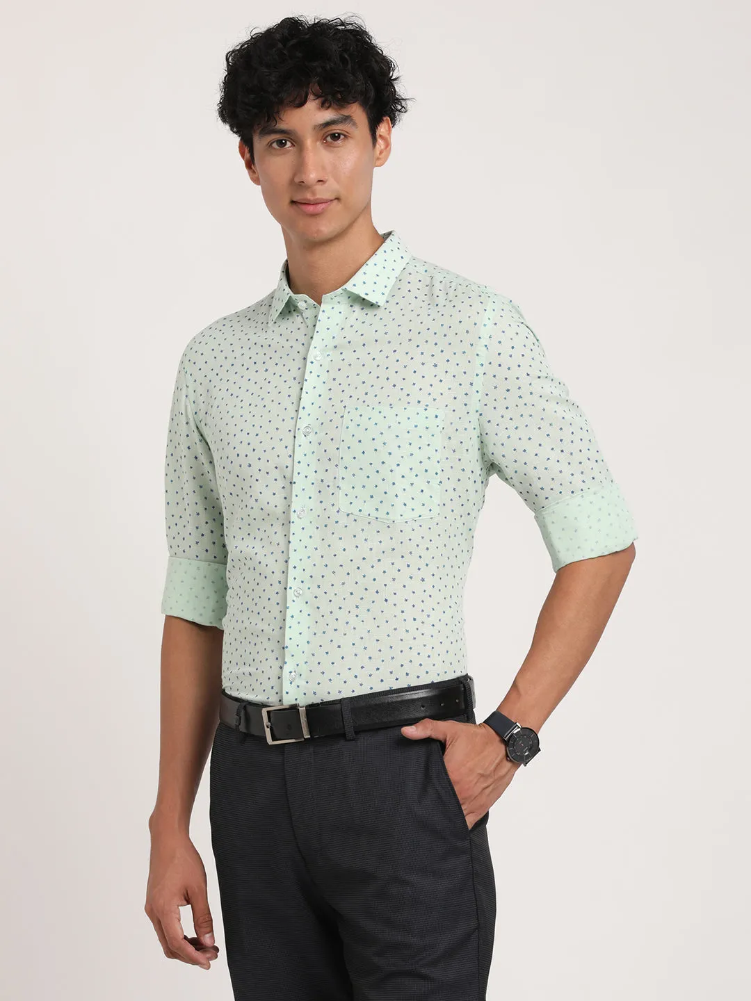 Cotton Linen Green Printed Slim Fit Full Sleeve Formal Shirt