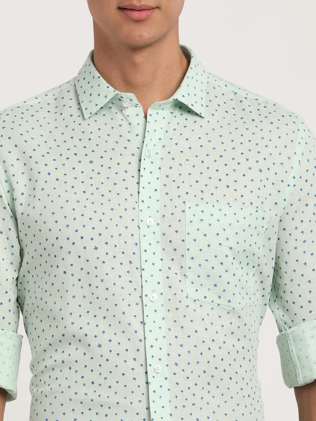 Cotton Linen Green Printed Slim Fit Full Sleeve Formal Shirt