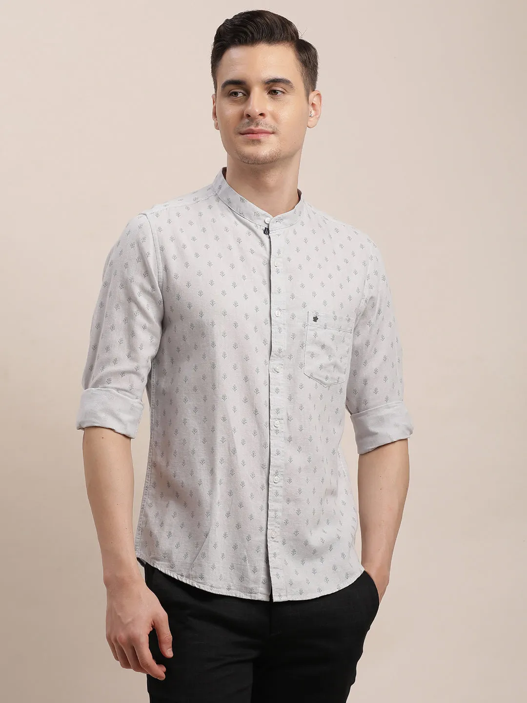 Cotton Linen Grey Printed Slim Fit Mandarin Collar Casual Shirt