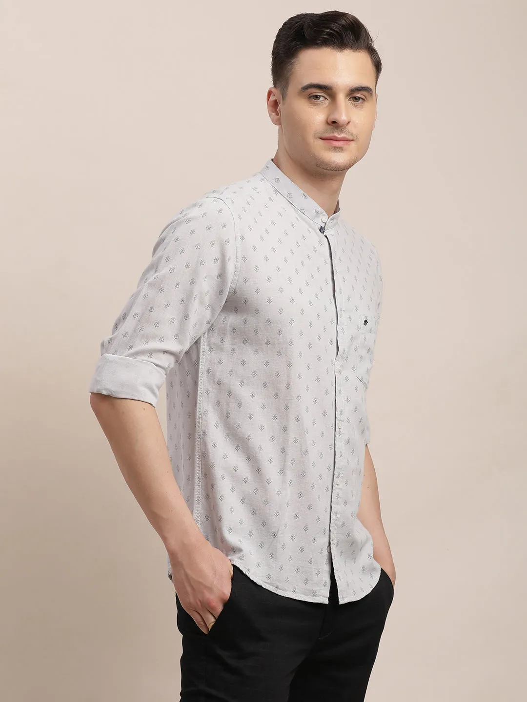 Cotton Linen Grey Printed Slim Fit Mandarin Collar Casual Shirt