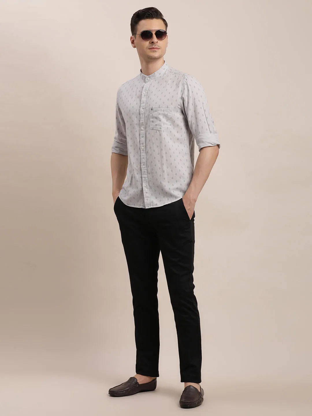 Cotton Linen Grey Printed Slim Fit Mandarin Collar Casual Shirt