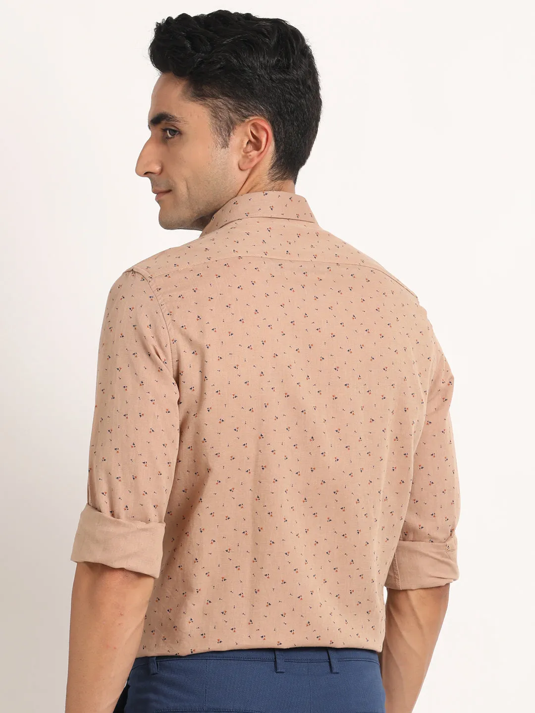 Cotton Linen Khaki Printed Slim Fit Full Sleeve Formal Shirt