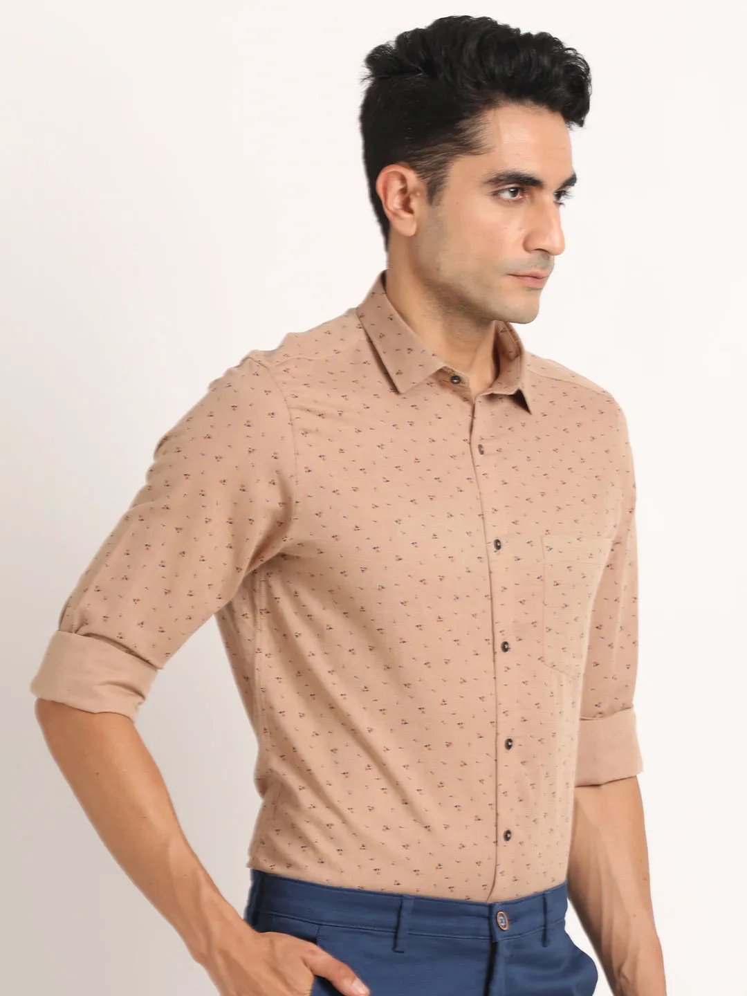 Cotton Linen Khaki Printed Slim Fit Full Sleeve Formal Shirt