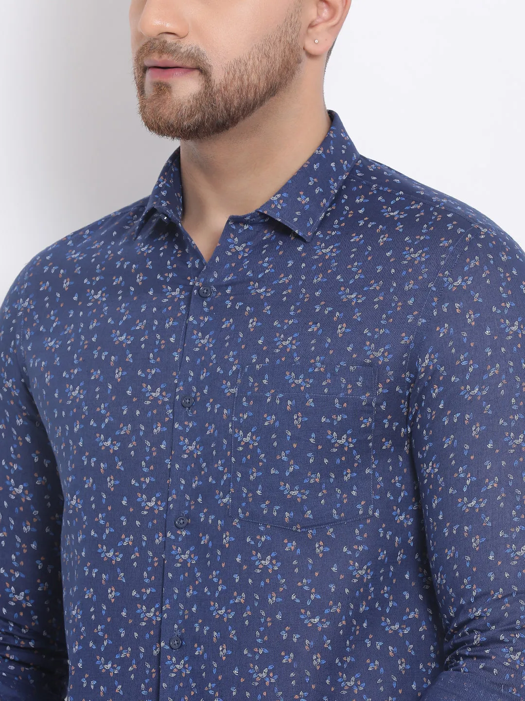 Cotton Linen Navy Blue Printed Slim Fit Full Sleeve Formal Shirt