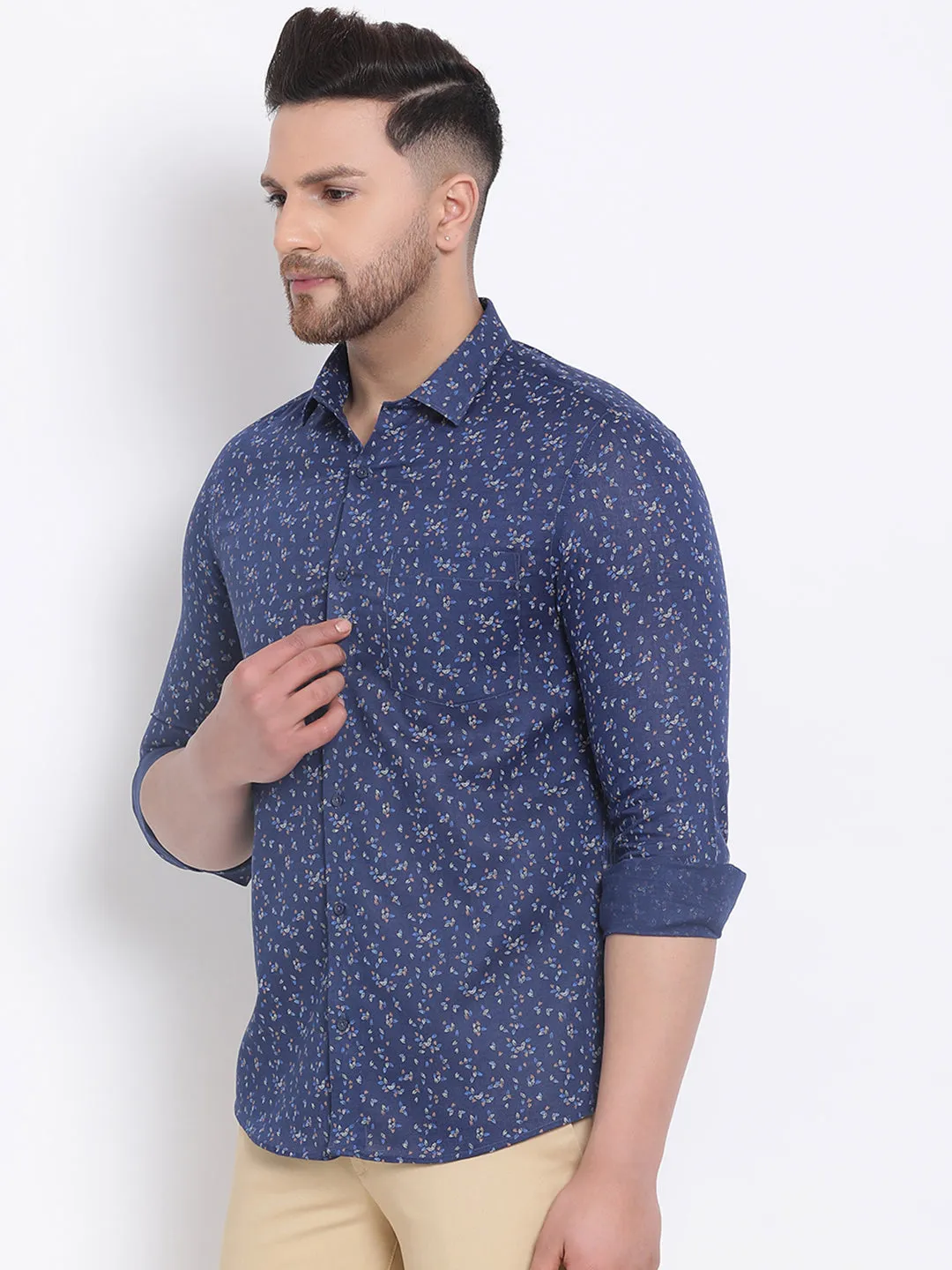 Cotton Linen Navy Blue Printed Slim Fit Full Sleeve Formal Shirt