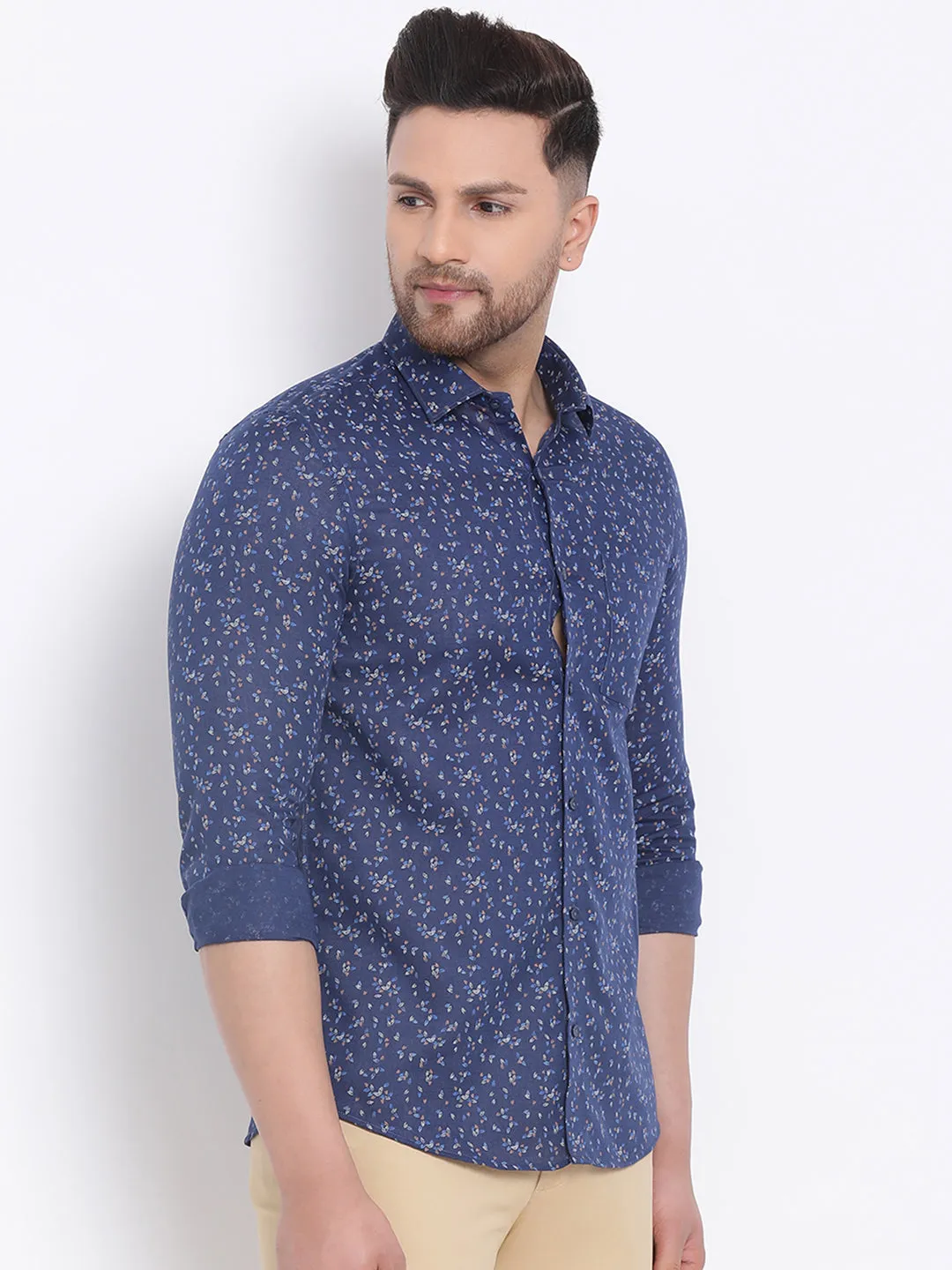 Cotton Linen Navy Blue Printed Slim Fit Full Sleeve Formal Shirt