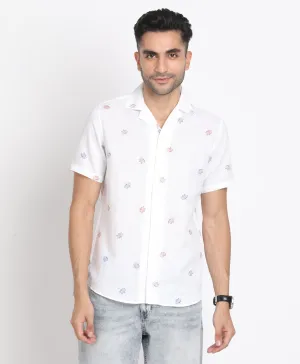 Cotton Linen White Printed Slim Fit Half Sleeve Cuban Collar Casual Shirt