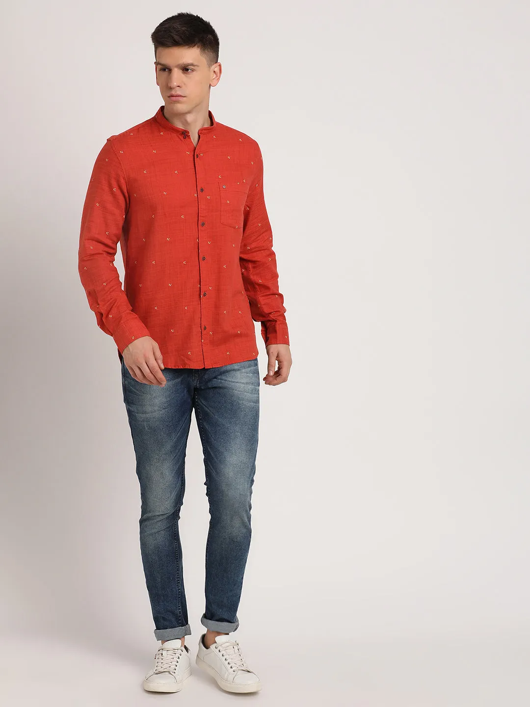 Cotton Lyocell Orange Printed Slim Fit Mandarin Collar Casual Shirt